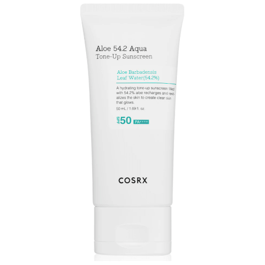 COSRX Aloe 54.2 Aqua Tone-Up Sunscreen SPF50+, PA++++ in a tube for sun protection and skin hydration.