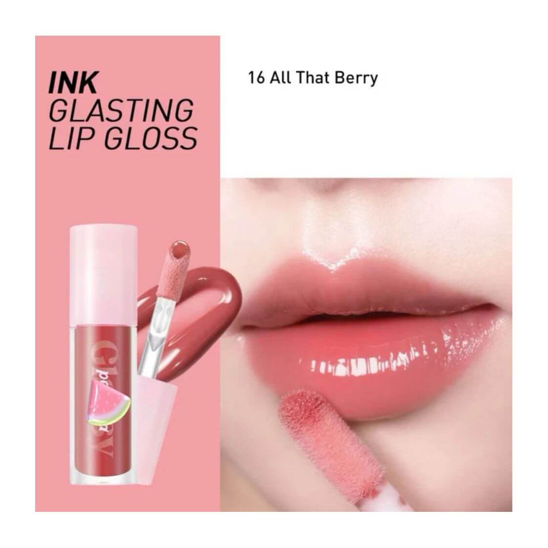 Peripera Ink Glasting Lip Gloss in shade 16 All That Berry, showcasing glossy, bouncy lips with rich shine.