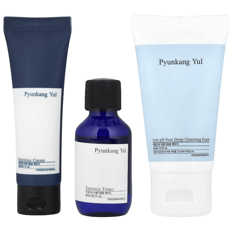 Pyunkang Yul Miniature 3 type set including Nutrition Cream, Essence Toner, and Cleansing Foam for travel.