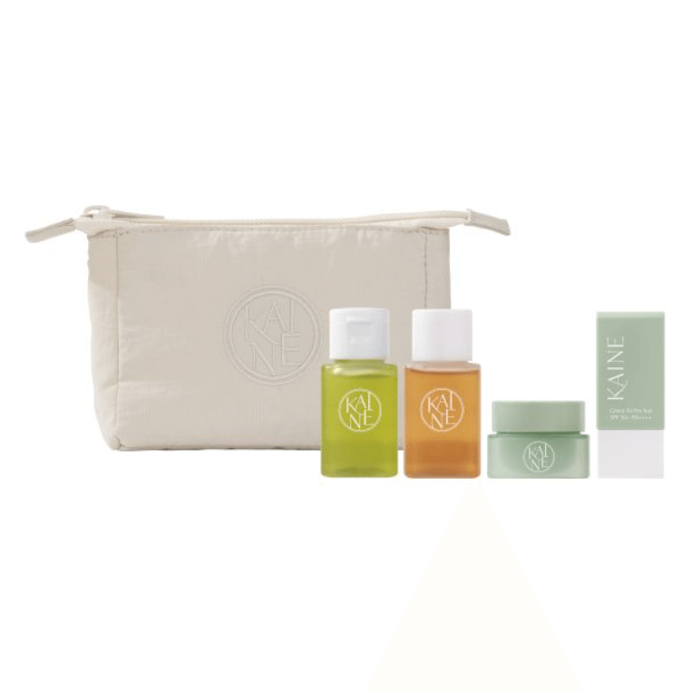 KAINE Travel Kit featuring cleanser, toner, cream, sun protection in a reusable pouch for travel and gym use.