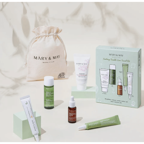 Mary&May Soothing Trouble Care Travel Kit, includes 5 vegan skincare products in a travel-friendly pouch.