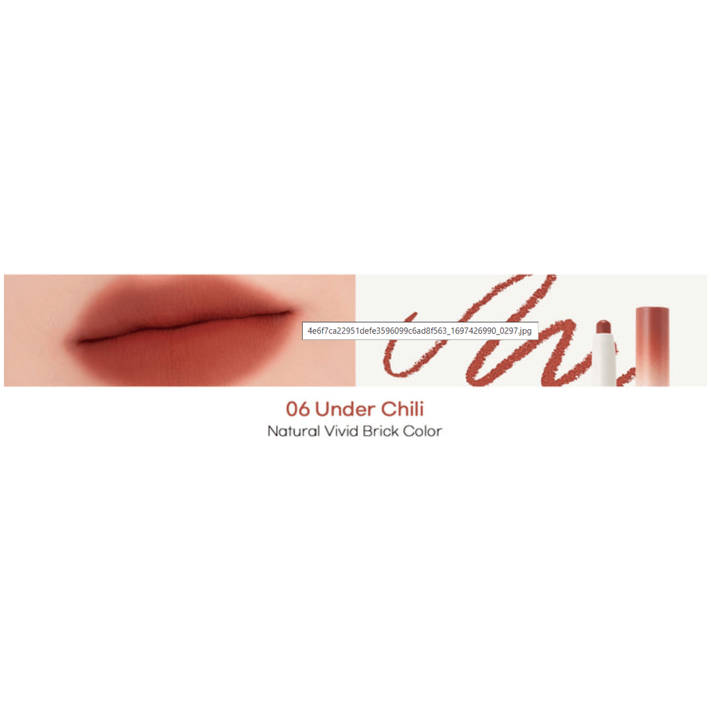 rom&nd Lip Mate Pencil in Under Chili shade, showcasing natural vivid brick color for enhanced lips.