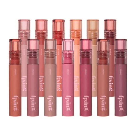 ETUDE Fixing Tint collection in various shades showcasing long-lasting hydro-matte formula for lips.