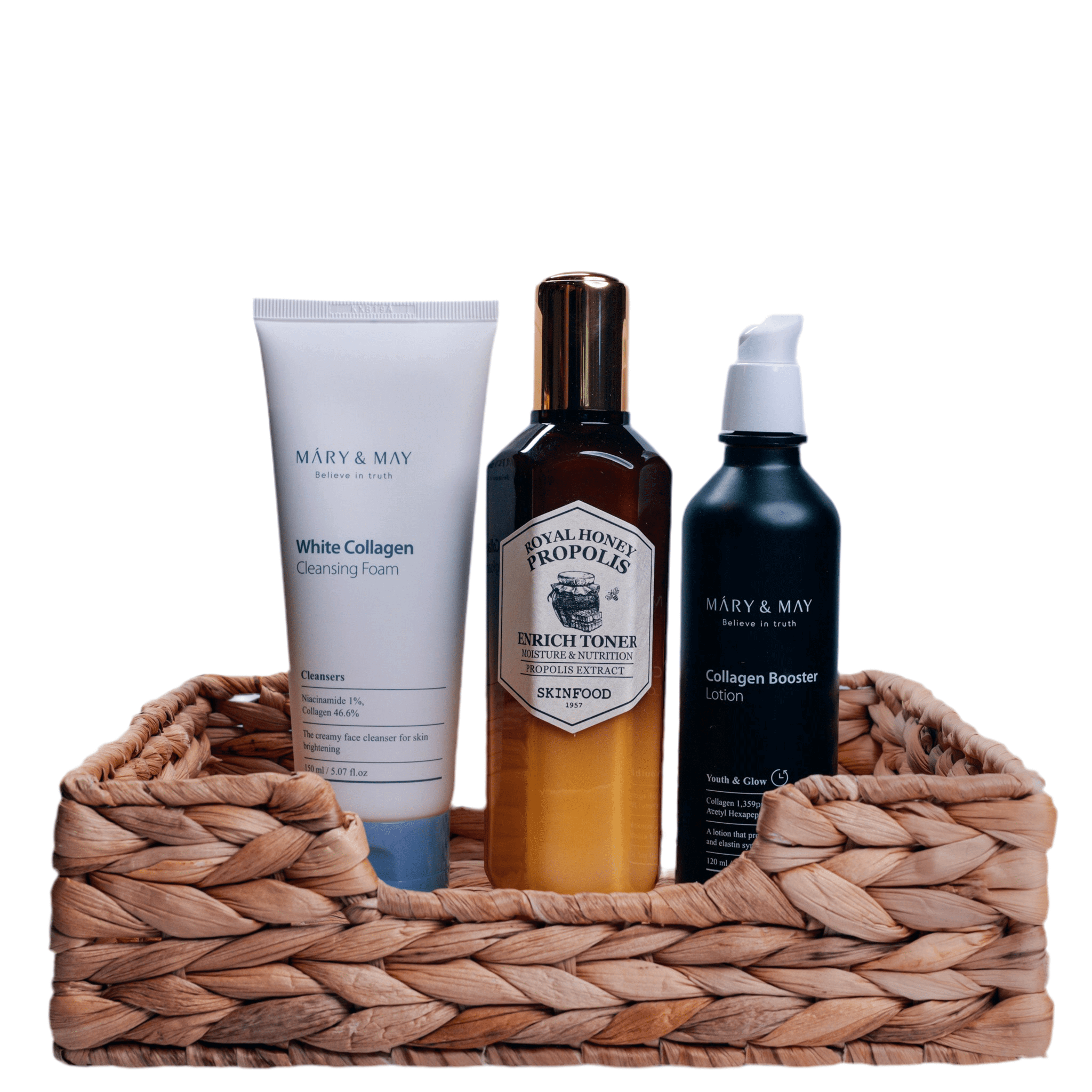 Anti-aging Routine 3 featuring MARY & MAY White Collagen Cleansing Foam, toner, and collagen booster lotion.