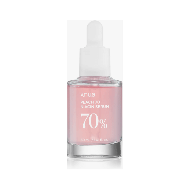 ANUA Peach 70 Niacin Serum in a glass dropper bottle, brightening skin with peach extracts.