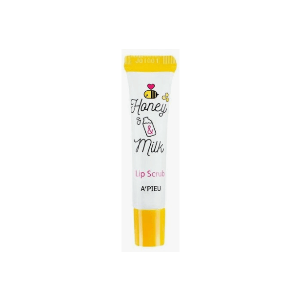 A'pieu Honey & Milk Lip Scrub tube featuring honey and milk graphics and a bright yellow cap.