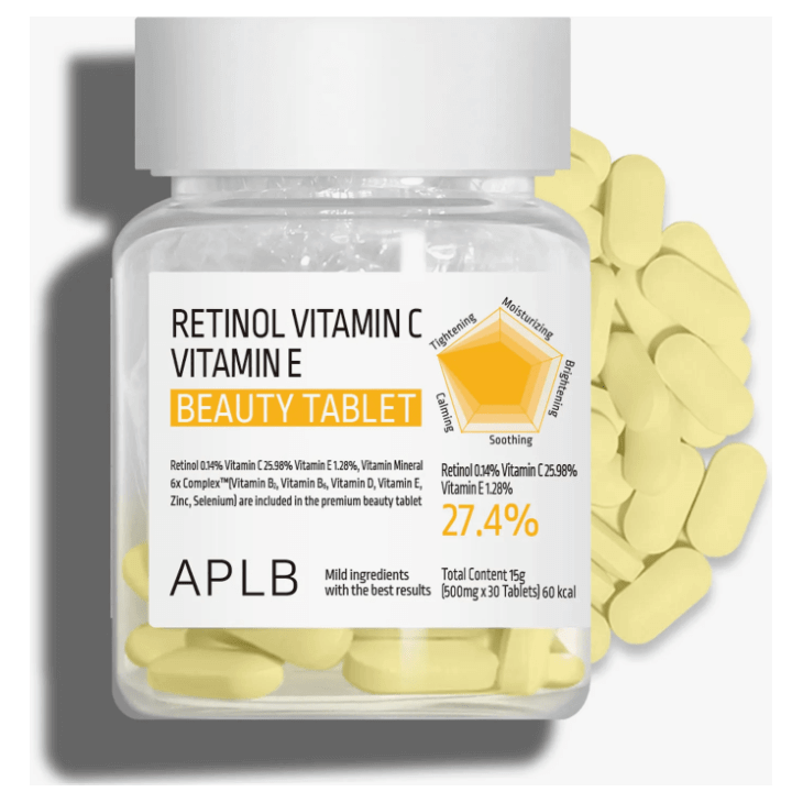 APLB Retinol Vitamin C Vitamin E Beauty 30 Tablets in a clear jar surrounded by yellow tablets.