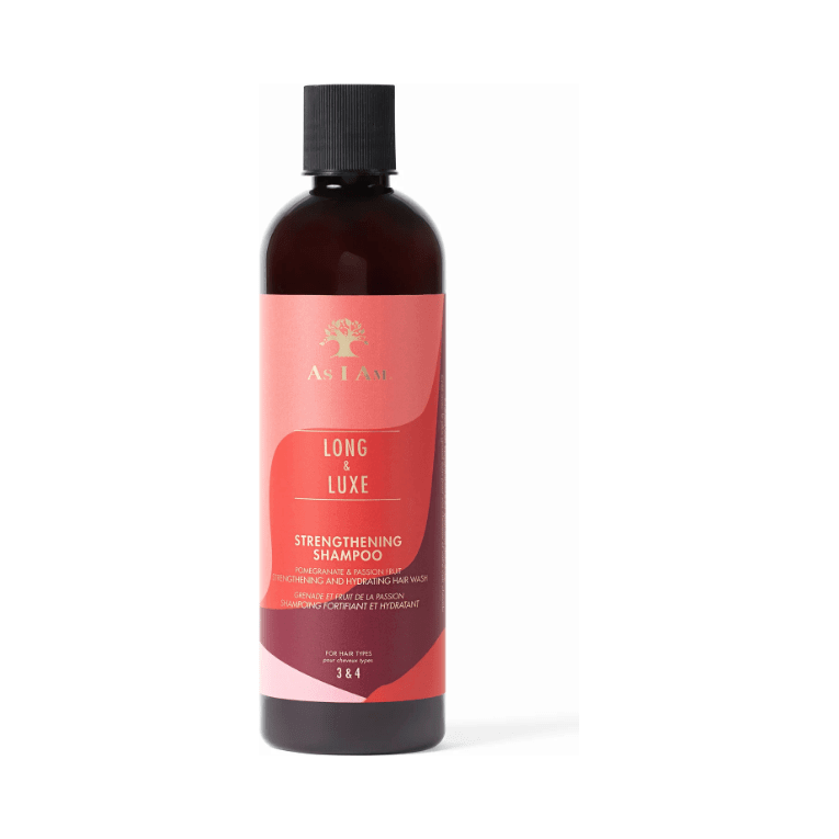 As I Am Long & Lux Shampoo bottle showcasing strengthening formula for naturally curly hair.