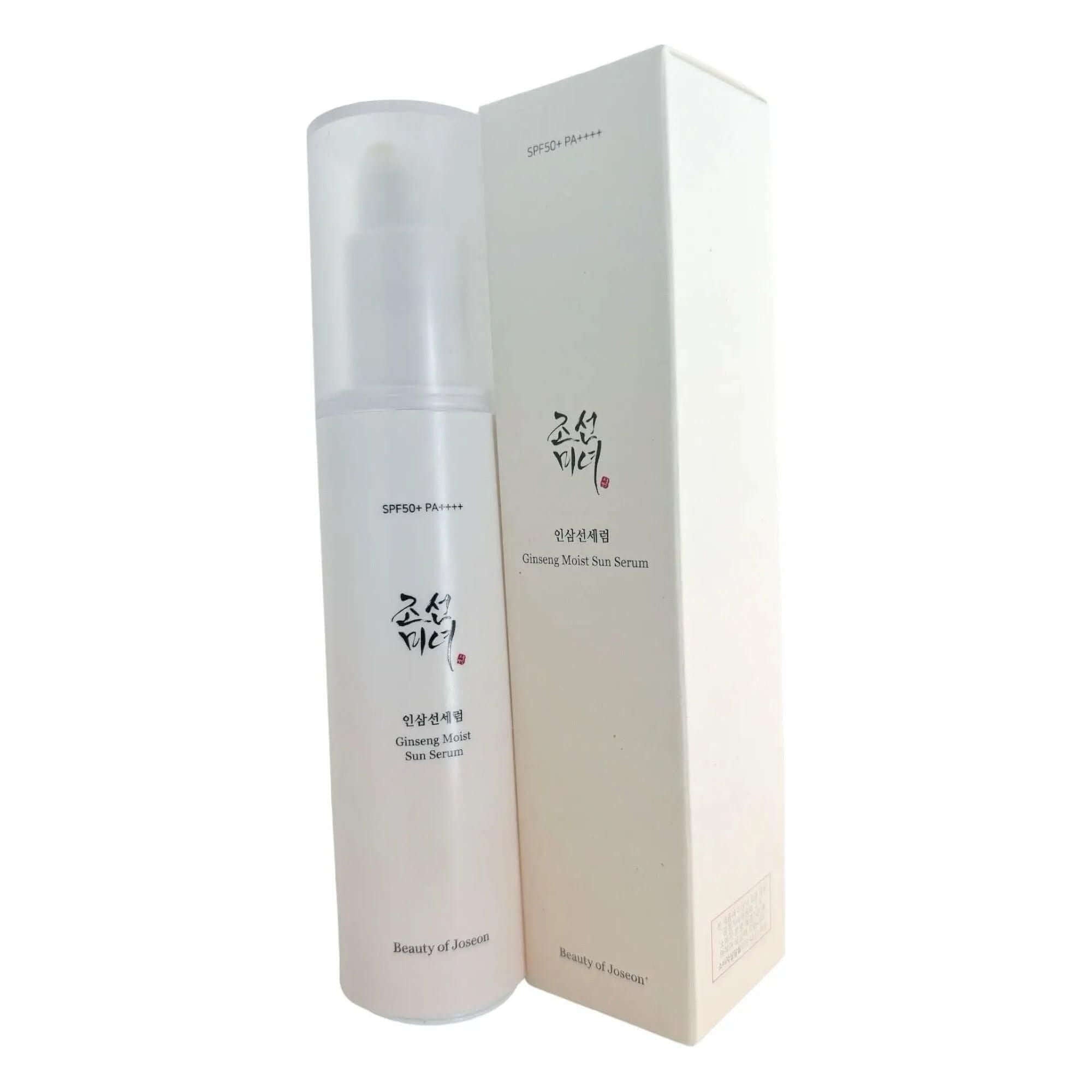 BEAUTY OF JOSEON Ginseng Moist Sun Serum 50+ Pa++++ 50ml in packaging with serum bottle and box.