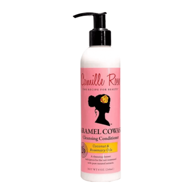Camille Rose Caramel CoWash, a cleansing conditioner with coconut and rosemary oils for hydration and scalp refresh.
