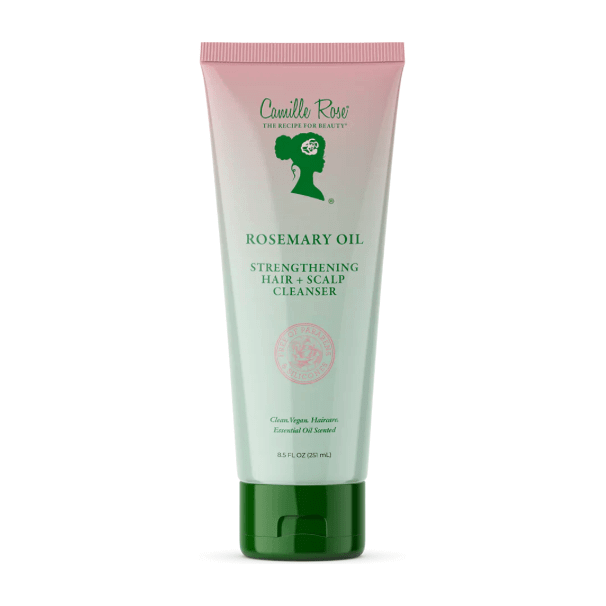 Camille Rose Rosemary Oil Strengthening Hair & Scalp Cleanser in a tube with a green and pink design.
