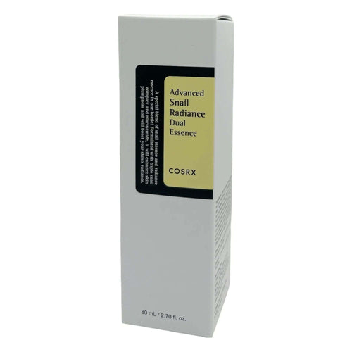 COSRX Advanced Snail Radiance Dual Essence 80ml packaging showing product details and branding.