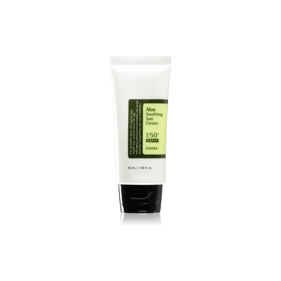 COSRX Aloe Soothing Sun Cream SPF50+ PA+++ in a tube, moisturizing and protective against UV rays.