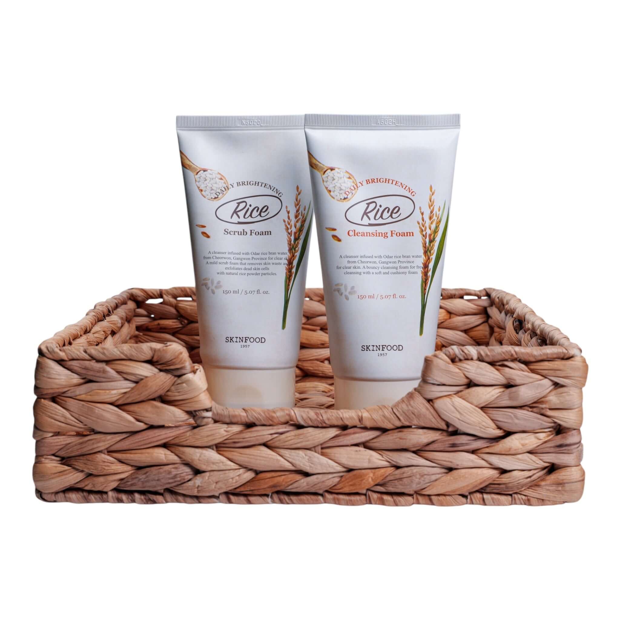 Dark Spot Removal Set 2 featuring SKINFOOD Rice Scrub and Cleansing Foam in a woven basket.