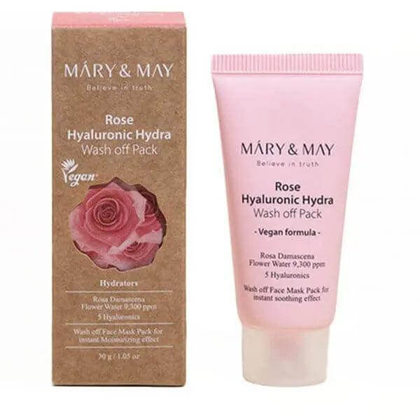 MARY & MAY Rose Hyaluronic Hydra Wash Off Pack 30g with creamy texture and rich moisture benefits.