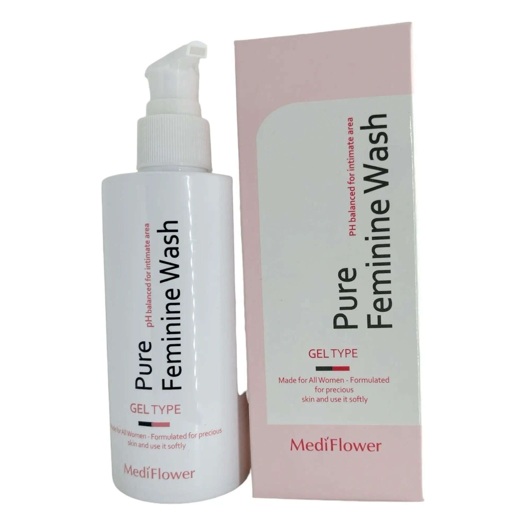 MEDIFLOWER Pure Feminine Wash 200ml in a pump bottle with packaging, designed for sensitive skin, pH balanced gel.