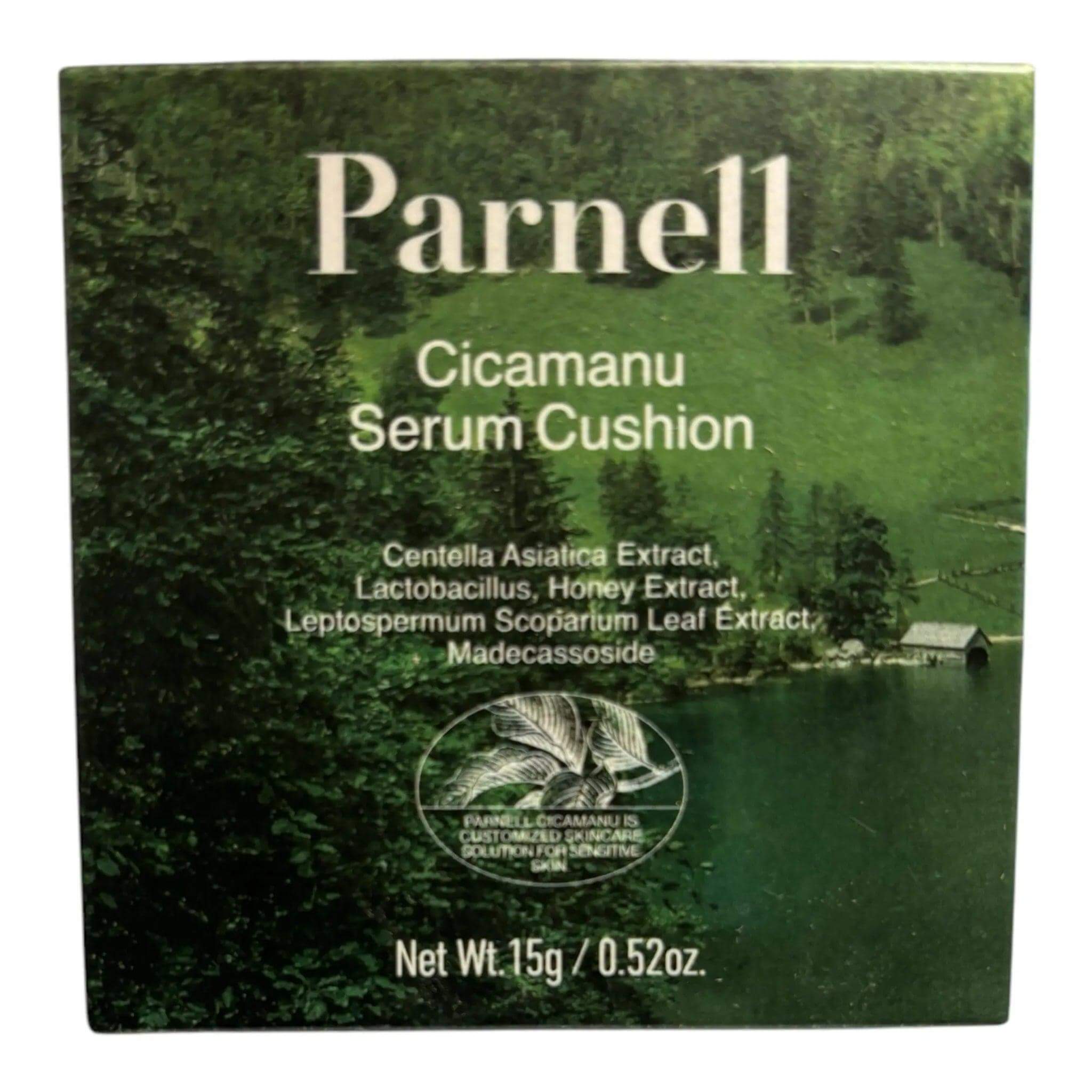 Parnell - Cicamanu Serum Cushion packaging showcasing ingredients and a green nature background.