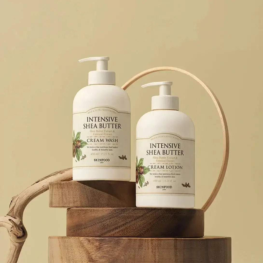 SKINFOOD Intensive Shea Butter Cream Wash 450ml and Cream Lotion on wooden background.
