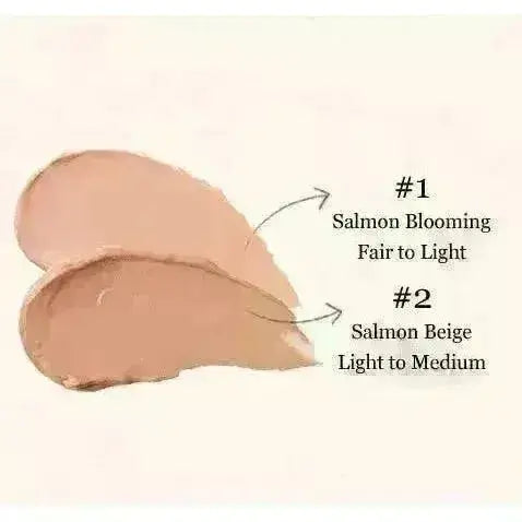 Textures of SKINFOOD Salmon Dark Circle Concealer Cream 01 Blooming 10g: #1 Salmon Blooming and #2 Salmon Beige swatches.