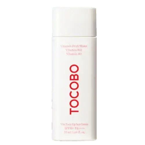 TOCOBO Vegan Vita Tone Up Sun Cream 50ml bottle with SPF50+ and hydrating ingredients for skin protection.
